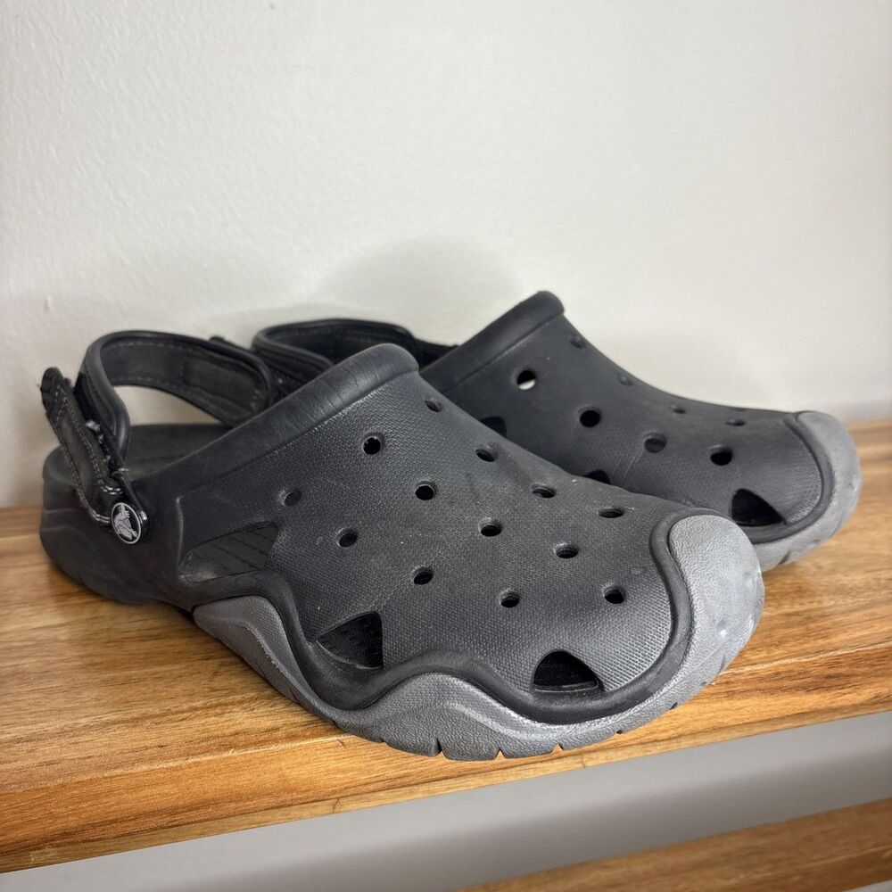 Crocs Men's Size 10 Strap Deck Boat Sandals Black Gray Light Slide On